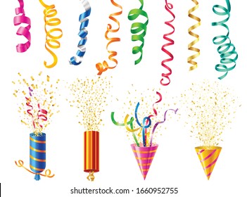 Colorful party poppers and serpentine set on white background realistic isolated vector illustration