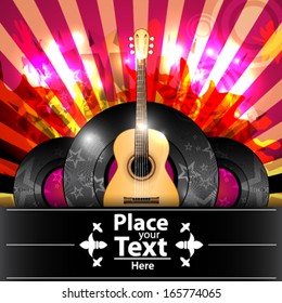 Colorful party poster with acoustic guitar and vinyl illustration