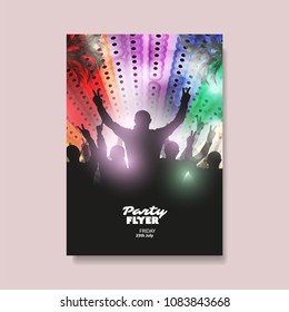Colorful Party Poster, Placard, Flyer or Cover Design Template with Crowd Silhouette in the Dark