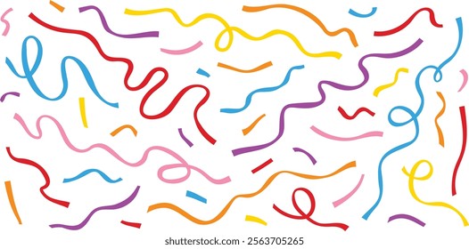 colorful party ribbon confetti vector set.  celebration anniversary birthday event festive celebrate congrats surprise graphic design art illustration party popper flow line paper shoot doodle victory