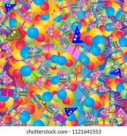 Colorful party seamless pattern. Bright multicolor balloons, gift boxes, caps. Abstract holiday birthday background. Decorative design. Celebrate festive vector illustration. For fabric, prints