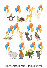 Colorful Party set with cute animals and balloons on a white background. Celebration Event & Happy Birthday. 