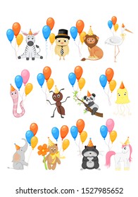 Partido colorido con lindos animales y globos sobre un fondo blanco. Evento de celebración y cumpleaños feliz. Multicolorizado. Vector