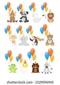 Colorful Party set with cute animals and balloons on a white background. Celebration Event & Happy Birthday. Multicolored. Vector