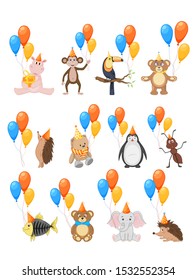 Partido colorido con lindos animales y globos sobre un fondo blanco. Evento de celebración y cumpleaños feliz. Multicolorizado. Vector