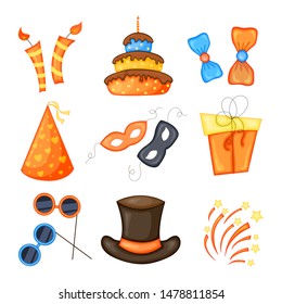 Colorful Party set of items on a white background. Celebration Event & Happy Birthday. Multicolored. Vector