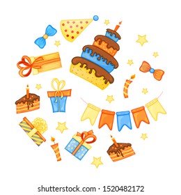 Colorful Party set of items on a white background. Celebration Event & Happy Birthday. Multicolored. Vector