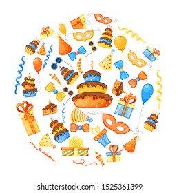 Colorful Party set of items on a white background. Celebration Event & Happy Birthday. Multicolored. Vector