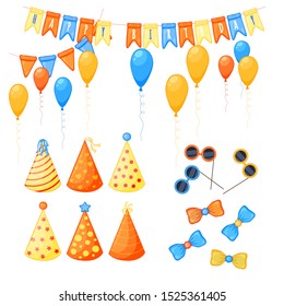 Colorful Party set of items on a white background. Celebration Event and Happy Birthday. Multicolored. Vector