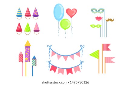 Colorful Party Symbols Set, Celebration Birthday, Carnival, Holiday Objects Vector Illustration