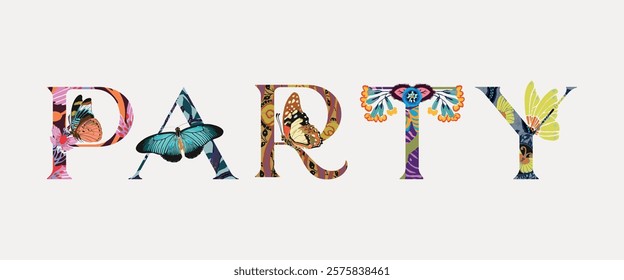 Colorful 'PARTY' text with butterflies and floral patterns. Vibrant party theme with butterflies. Perfect for party invitations and decorations. Vintage illustration isolated on white, vector.