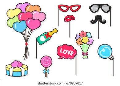 Colorful party wedding photo booth props. Love collection glasses, mustache, lips, and balloon heart funny prop. Vector image isolated on white background.