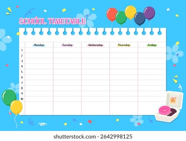 Colorful party-themed school timetable with balloons and donuts – cute weekly planner template for kids. vector illustration.