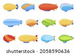 Colorful passenger airship set vector flat illustration. Cigar shaped balloons retro zeppelin with cabins for people isolated on white. Cartoon elongated huge balloon with helium for flight travel