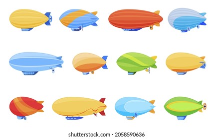 Colorful passenger airship set vector flat illustration. Cigar shaped balloons retro zeppelin with cabins for people isolated on white. Cartoon elongated huge balloon with helium for flight travel