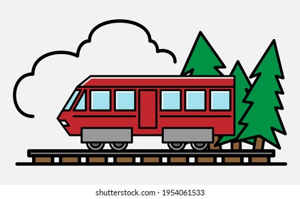 Colorful passenger train vector illustration on white background with pines and cloud. EPS10.