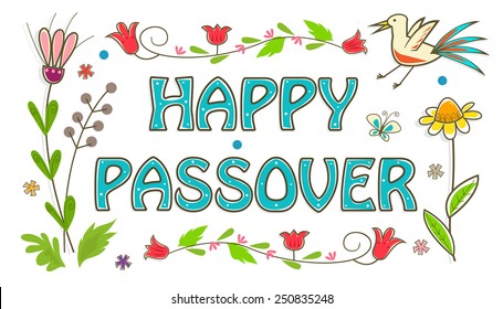 Colorful Passover Sign - Floral banner with happy Passover text in the center. Eps10