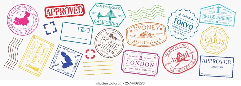 Colorful passport stamps from cities like Tokyo, Sydney, and Paris. Travel-themed stamps, approved marks, and postal designs. Vibrant travel stamps collection. Colorful travel stamps, vector set.