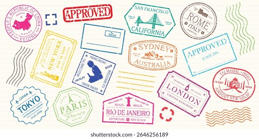 Colorful passport stamps from cities like Tokyo, Paris, Sydney, and London. Travel-themed stamps with 'Approved' marks, showcasing global destinations. Colorful travel stamps, vector set.
