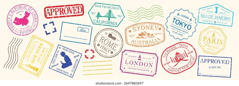 Colorful passport stamps from cities like Tokyo, Sydney, and Paris. Travel stamps in various shapes and colors, symbolizing global travel and adventure. Colorful travel stamps, vector set.
