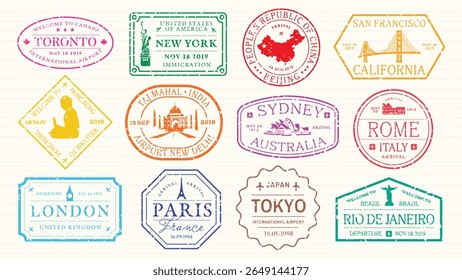 Carimbos de passaporte coloridos de cidades como Toronto, Nova York, Pequim, São Francisco e muito mais. Os selos com temas de viagem exibem destinos globais e pontos de referência icônicos. Selos coloridos, vetores.