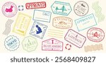 Colorful passport stamps from various cities like Tokyo, Paris, and London. Travel stamps, approved visas, global destinations, and iconic landmarks. Colorful travel stamps, vector set.