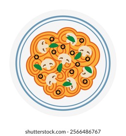 Colorful pasta dishes with various toppings. Flat Vector Illustration