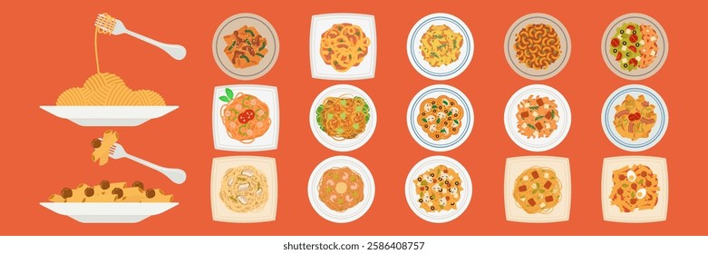 Colorful pasta dishes with various toppings. Flat Vector Illustration Pasta and Salad Combinations Set