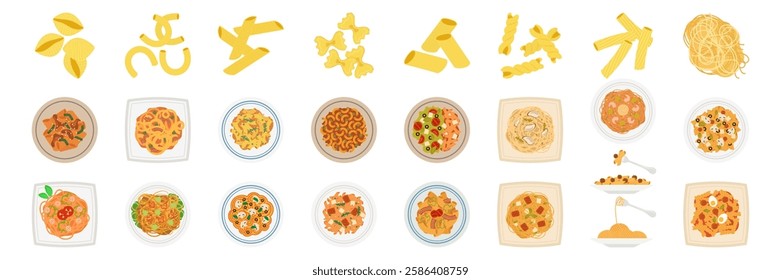 Colorful pasta dishes with various toppings. Flat Vector Illustration Pasta and Salad Combinations Set