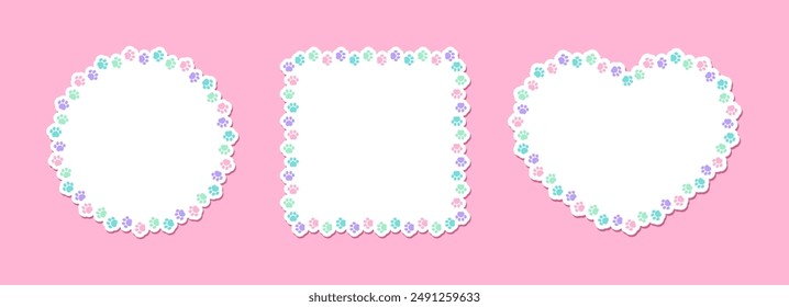 Colorful pastel animal paw print frame template set. Cute dog paw prints border. Vector illustration