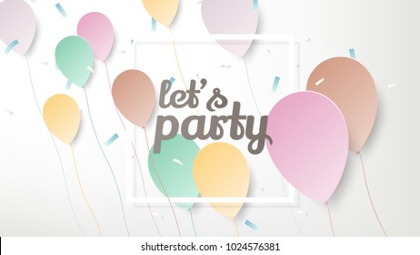 Colorful pastel balloons with confetti and white rectangle frame on light grey background, paper art/paper cutting style