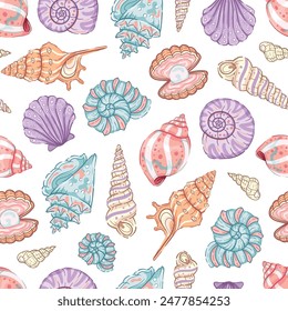 Colorful pastel  blue, coral, pink and purple seashells on a white background. Seamless repeated surface vector pattern design.