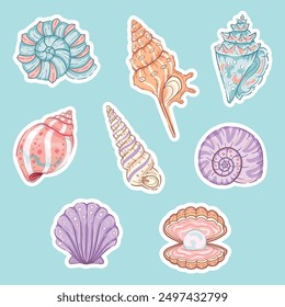 Conjunto de ilustración de conchas de mar de color azul pastel, coral, rosa y púrpura. Diseños de Vector aislados adecuados para pegatinas y camisetas.