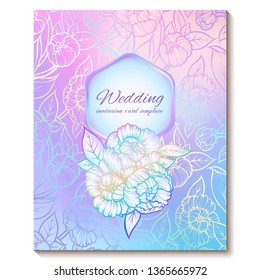 Colorful pastel blue violet pink soft floral bright invitation card with place for text. Abstract aquarelle magic cool colors hand drawn peony flowers design with blur texture background.
