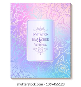 Colorful pastel blue violet pink soft floral bright invitation card with place for text. Abstract aquarelle magic cool colors hand drawn peony flowers design with blur texture background.
