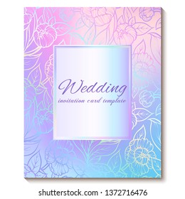 Colorful pastel blue violet pink soft floral bright invitation card with place for text. Abstract aquarelle magic cool colors hand drawn peony flowers design with blur texture background.
