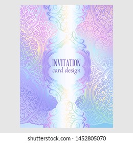 Colorful pastel blue violet pink soft intricate arab bright invitation card with place for text. Abstract aquarelle magic cool colors design with blur texture background.