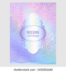 Colorful pastel blue violet pink soft intricate arab bright invitation card with place for text. Abstract aquarelle magic cool colors design with blur texture background.