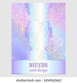 Colorful pastel blue violet pink soft intricate arab bright invitation card with place for text. Abstract aquarelle magic cool colors design with blur texture background.