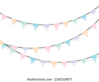 Colorful pastel bunting and garland set vector illustration. Birthday decoration elements flags