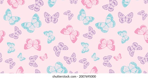 Colorful Pastel Butterfly Background, Cute Spring Repeat Pattern. Butterfly Seamless Repeat Pattern Design, Vector Wallpaper, Cute Girly Background.