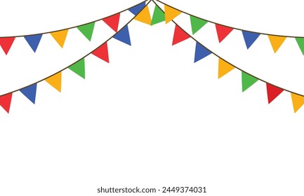  Colorful pastel color triangle flag party with rope isolated on white background, decoration element, Celebration flags for decor. Vector illustration.