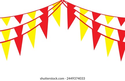  Colorful pastel color triangle flag party with rope isolated on white background, decoration element, Celebration flags for decor. Vector illustration.