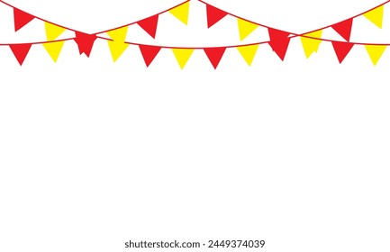  Colorful pastel color triangle flag party with rope isolated on white background, decoration element, Celebration flags for decor. Vector illustration.