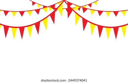  Colorful pastel color triangle flag party with rope isolated on white background, decoration element, Celebration flags for decor. Vector illustration.
