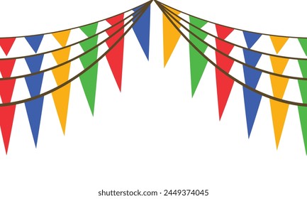  Colorful pastel color triangle flag party with rope isolated on white background, decoration element, Celebration flags for decor. Vector illustration.