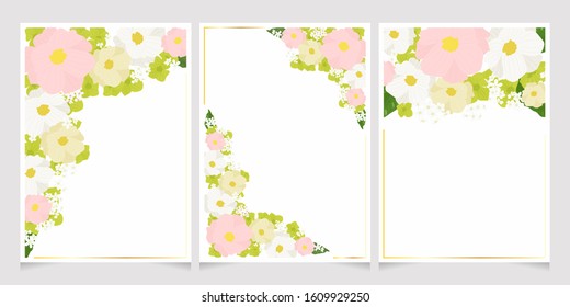 colorful pastel cosmos and green hydrangea flowers with golden frame on watercolor background 5x7 card template for wedding invitation, valentine, birthday or mother's day 