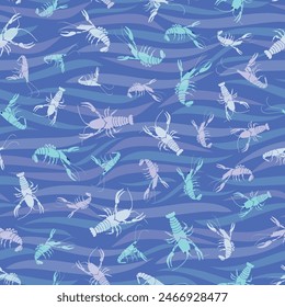 Colorful Pastel Crayfish in Gentle Waves of Fresh Blue Waters seamless pattern print background