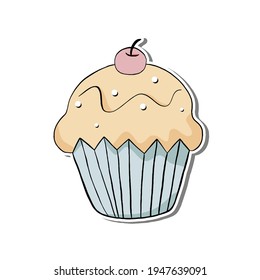 Colorful pastel Doodle Cupcake with cherry on white silhouette and gray shadow. Hand drawn cartoon style, decoration for any design. Vector illustration of sweet, kid and party. 