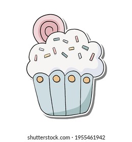 Colorful pastel Doodle Cupcake with pink jelly on white silhouette and gray shadow. Hand drawn cartoon style, decoration for any design. Vector illustration of sweet, kid and party.